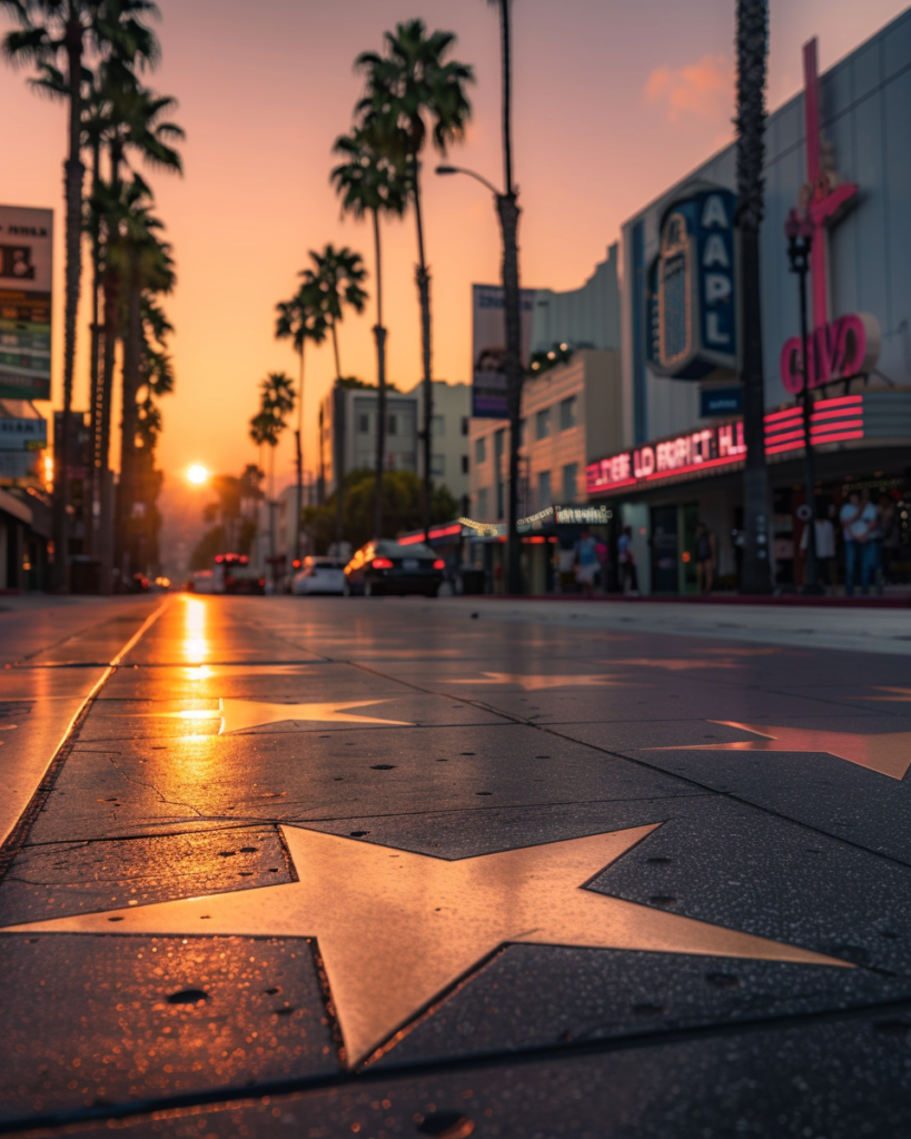 Hollywood Walk of Fame sunset Los Angeles street view with palm trees and stars sidewalk