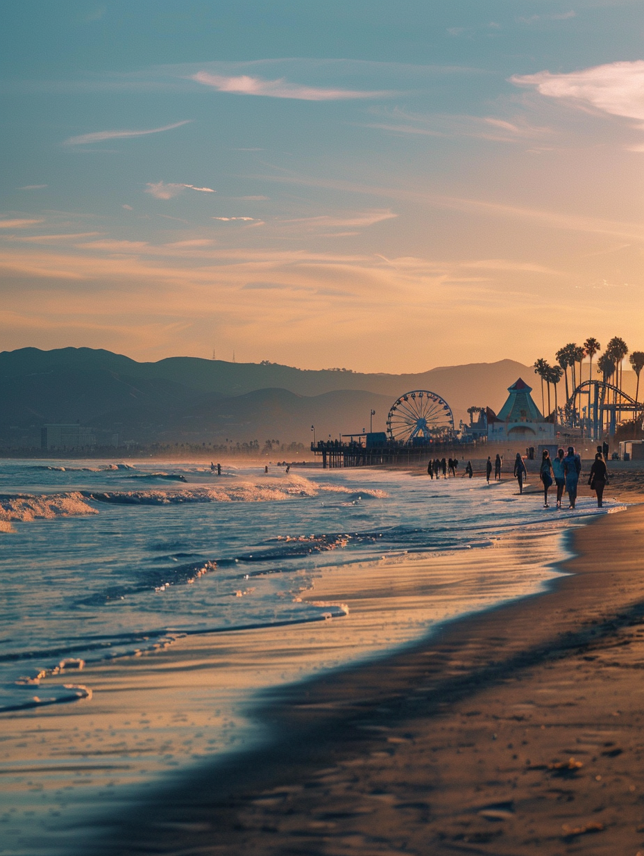 Santa Monica beach and pier at sunset with ocean waves and palm trees