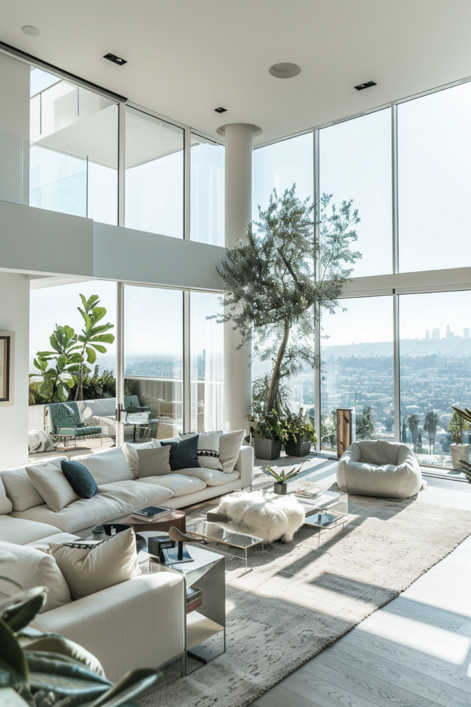 Clean modern home interior with panoramic view of West Hollywood hills, Los Angeles