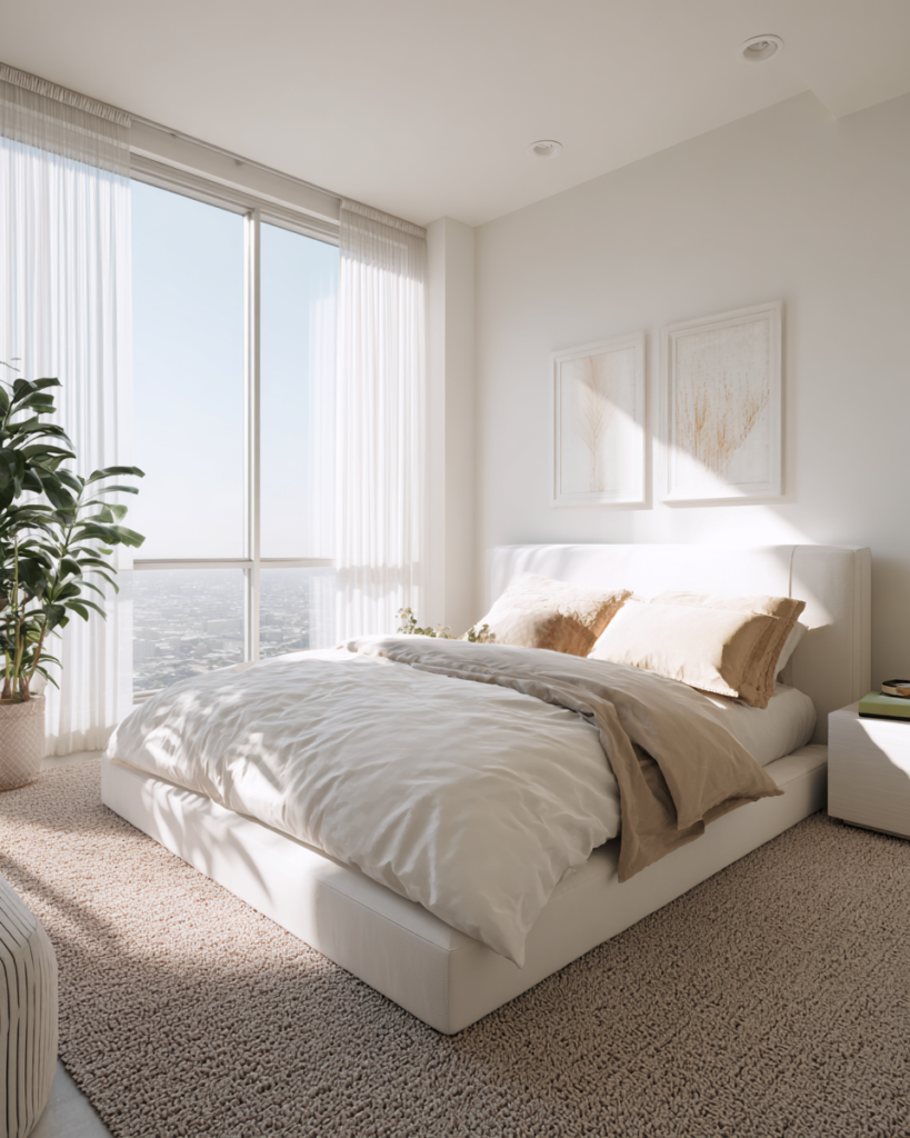 Bright modern apartment bedroom in Beverly Hills cleaned by professional apartment cleaning company