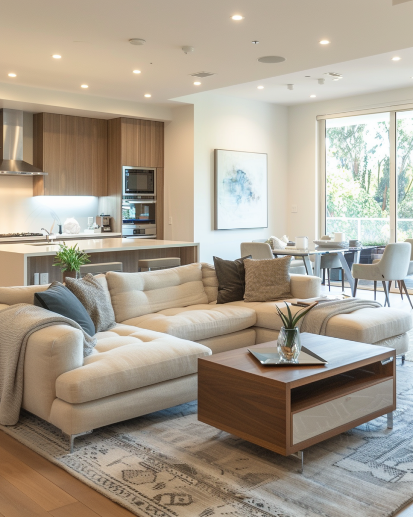 Modern apartment living room and kitchen cleaned by Blue Birds Cleaning Agency in West Hollywood