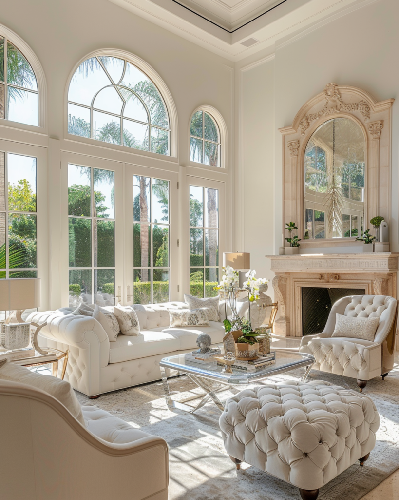 Luxury living room interior in a Beverly Hills home with large windows, elegant furniture, and bright natural light