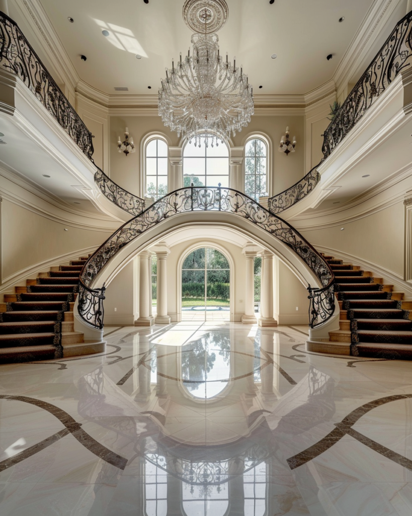 Grand Beverly Hills mansion foyer with double staircase, marble floors, chandelier, and luxury interior design