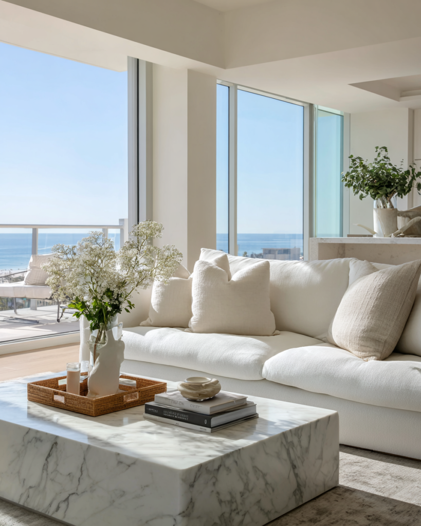 Luxury deep cleaned living room in a modern Santa Monica apartment with ocean view