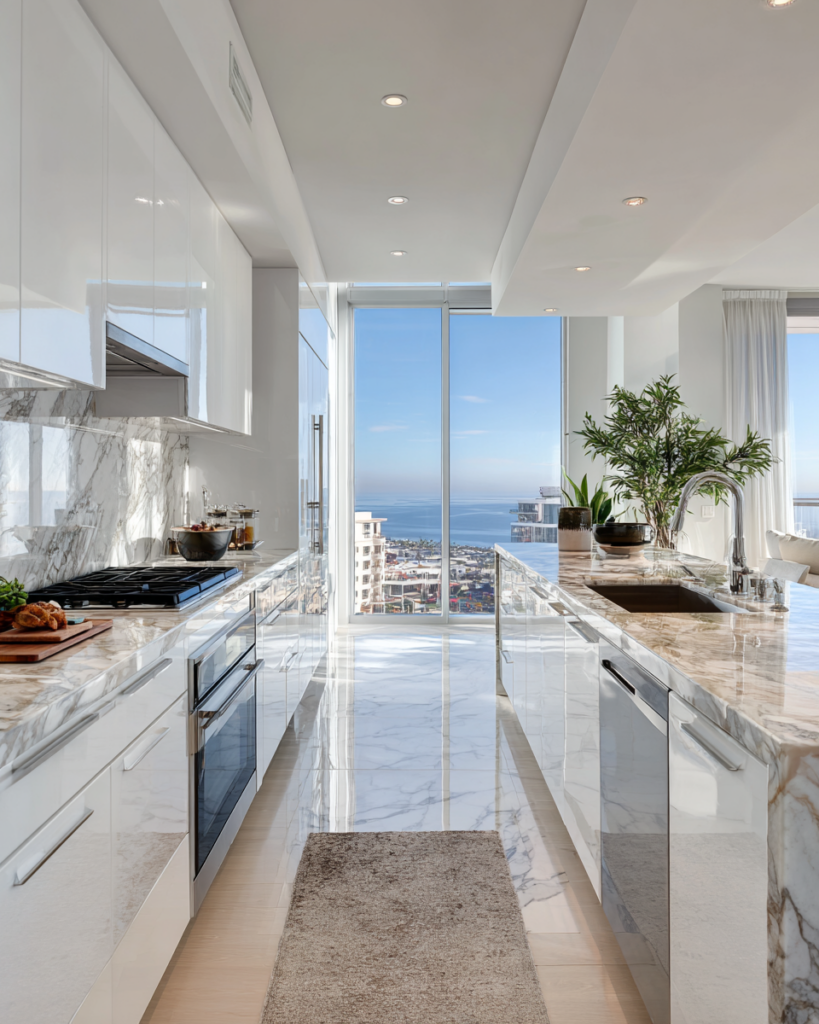 Deep cleaned modern kitchen in a luxury Santa Monica condo near the beach