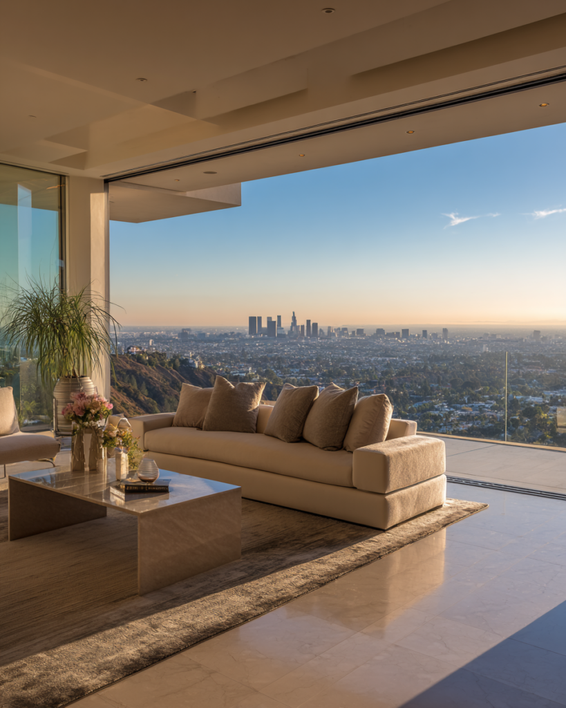Luxury Hollywood Hills living room after professional deep cleaning service with panoramic Los Angeles skyline view