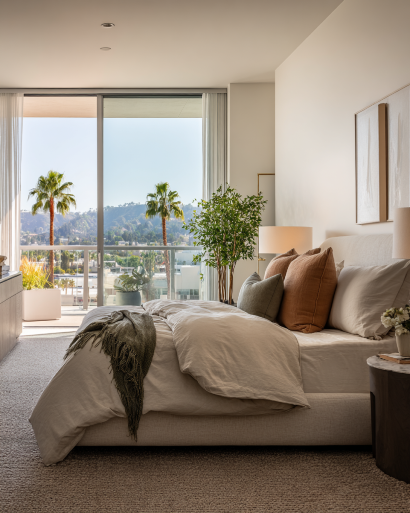 Modern Hollywood apartment bedroom after detailed deep cleaning service with bright natural light and palm tree view