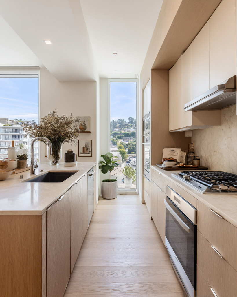 Modern luxury apartment kitchen for regular house cleaning services in Hollywood