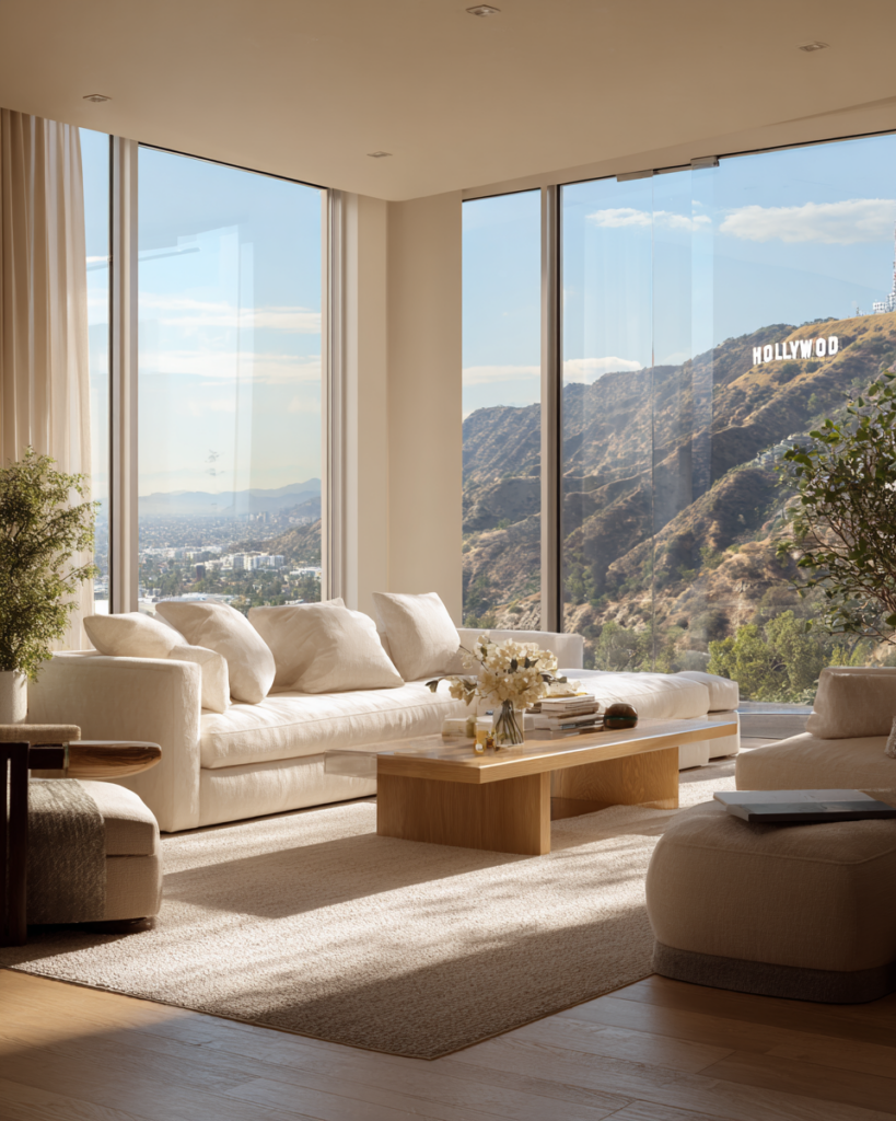 Luxury apartment living room with Hollywood Hills view for regular house cleaning services in Hollywood