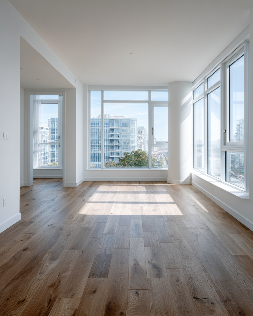 Empty luxury apartment in Hollywood after move-out cleaning with spotless floors and large windows