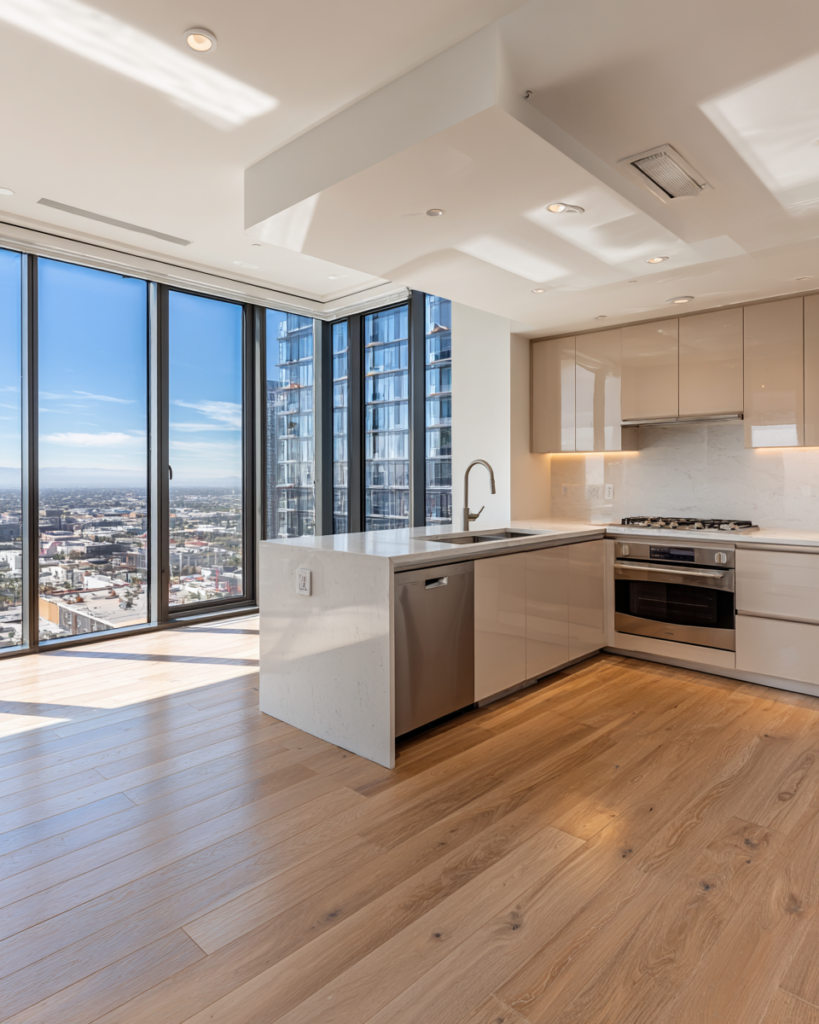 Move out cleaning in Hollywood modern empty condo kitchen after professional cleaning service