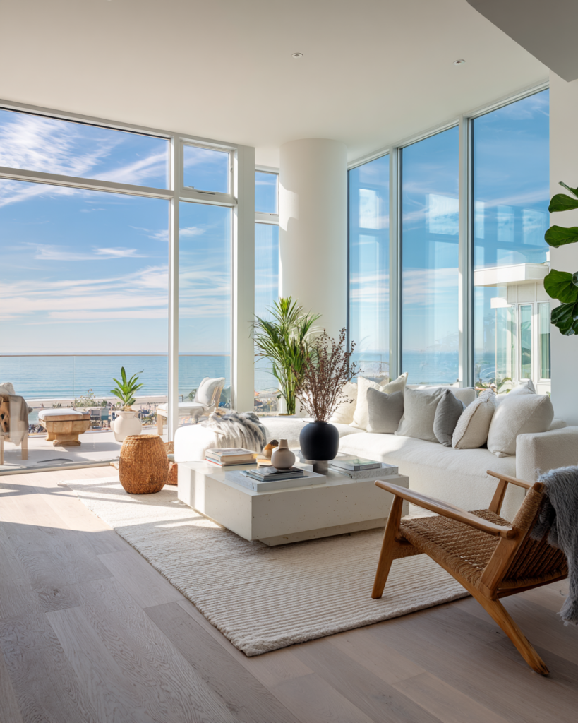 Luxury Santa Monica living room with ocean view after professional house cleaning
