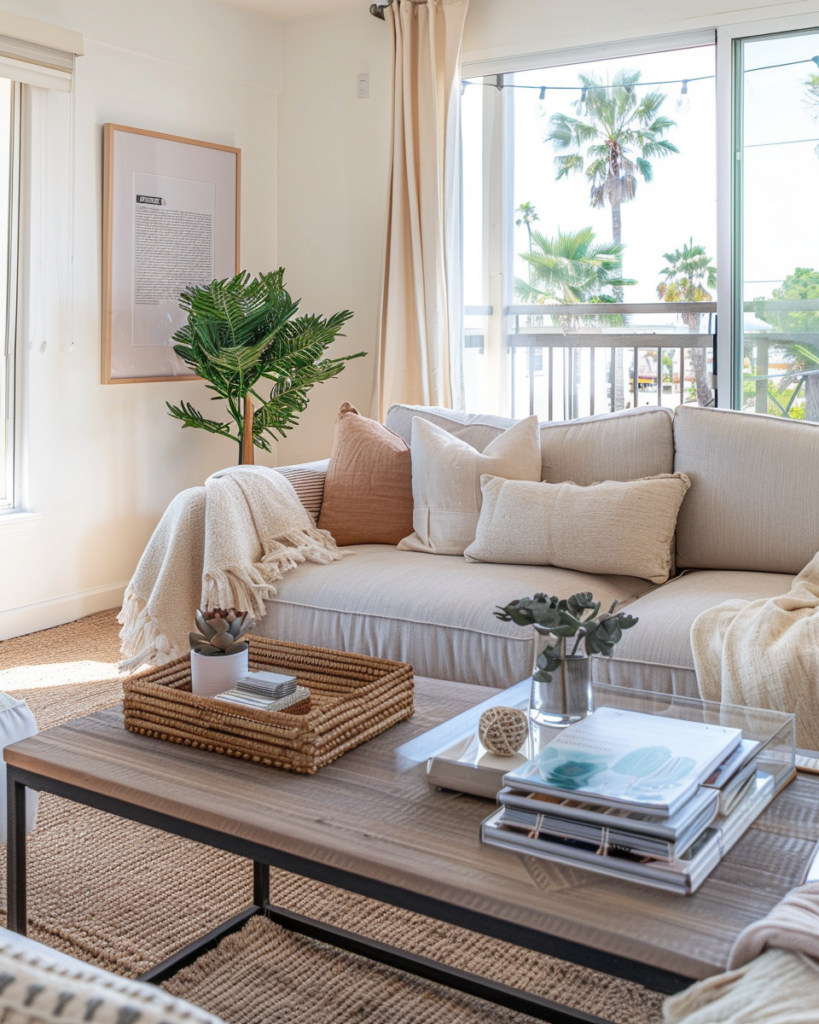Bright Santa Monica Airbnb living room with modern coastal interior, clean vacation rental apartment, professionally staged after turnover cleaning.