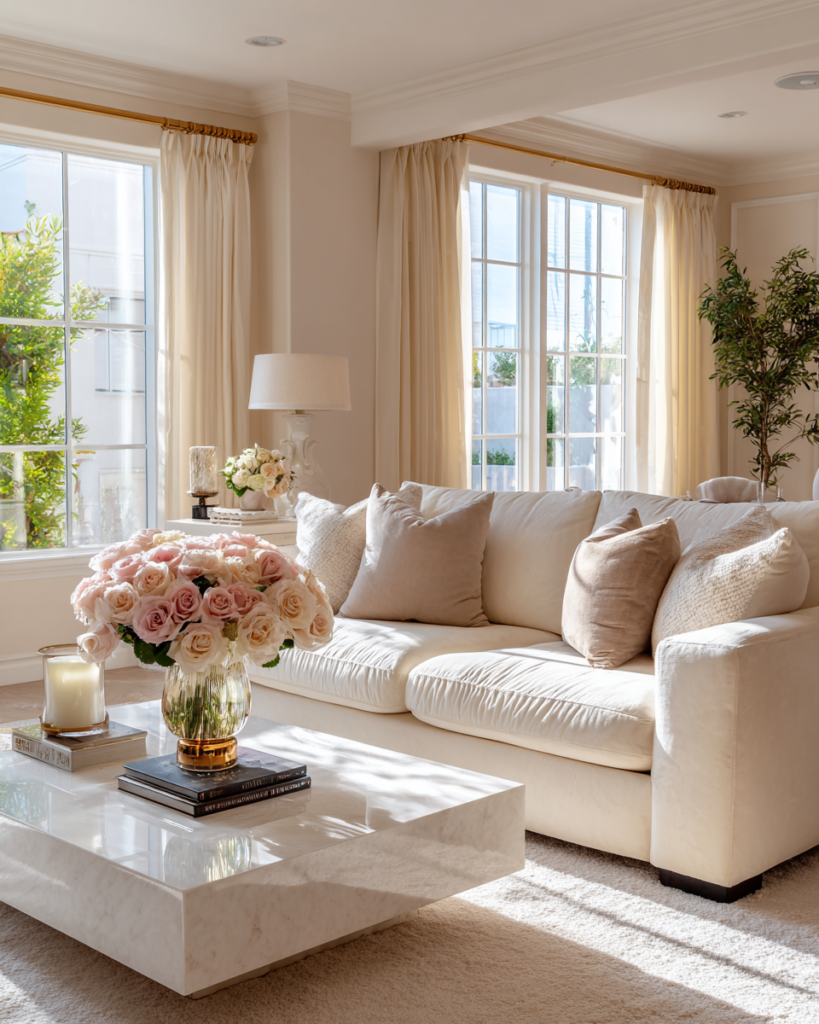 luxury Airbnb living room in Beverly Hills with elegant modern furniture and professionally cleaned interior