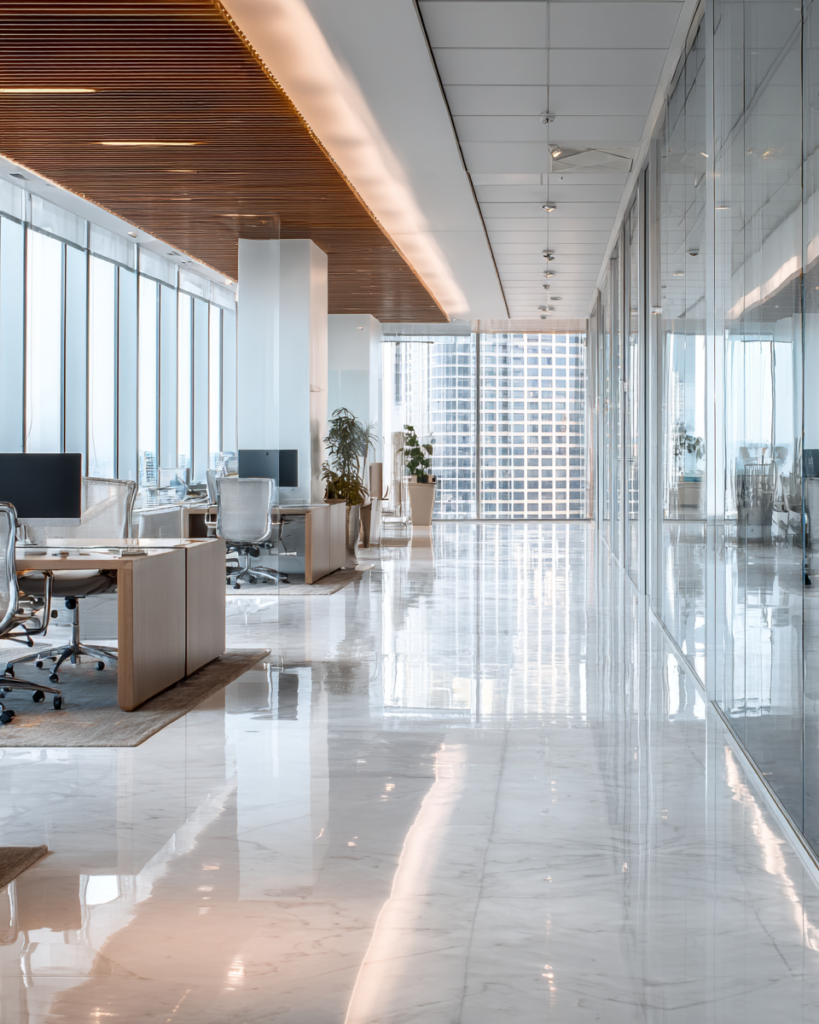 Professional office cleaning service in a modern corporate workspace in Los Angeles
