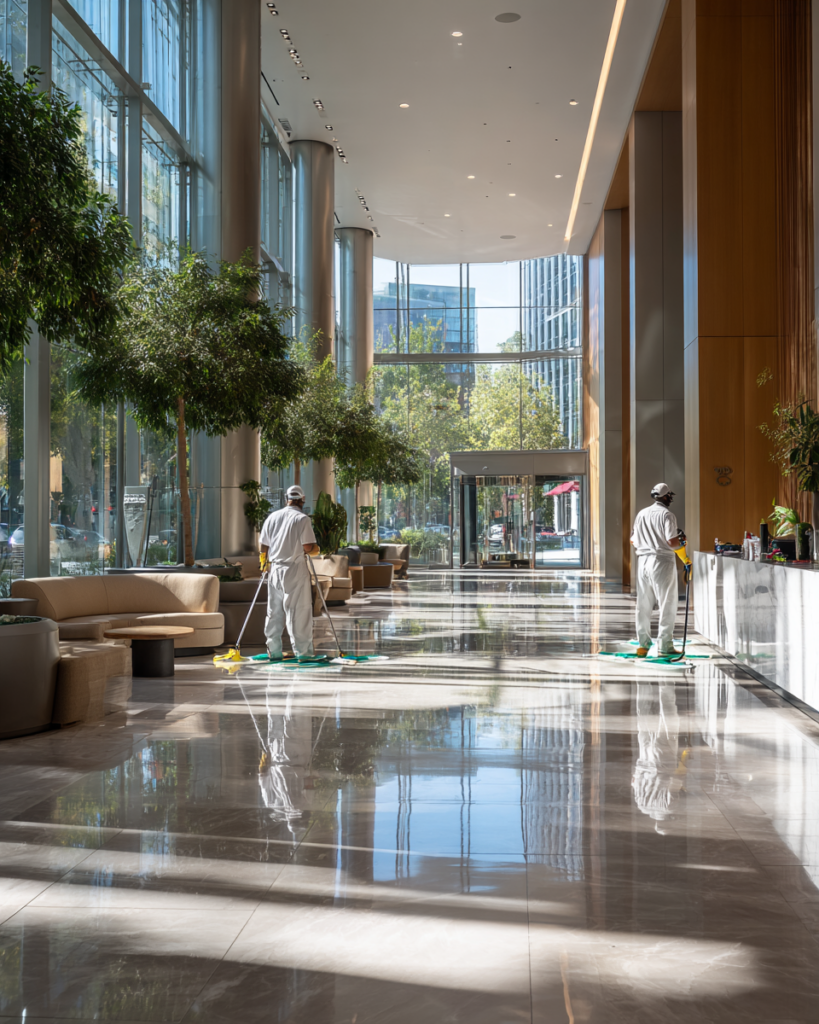 Commercial janitorial services maintaining a large office building lobby