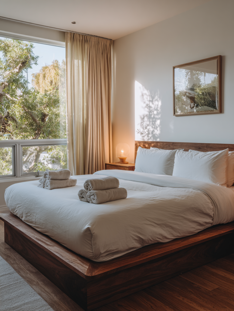Luxury Airbnb bedroom in West Hollywood with neatly folded towels, modern furnished apartment interior, and guest-ready short-term rental setup