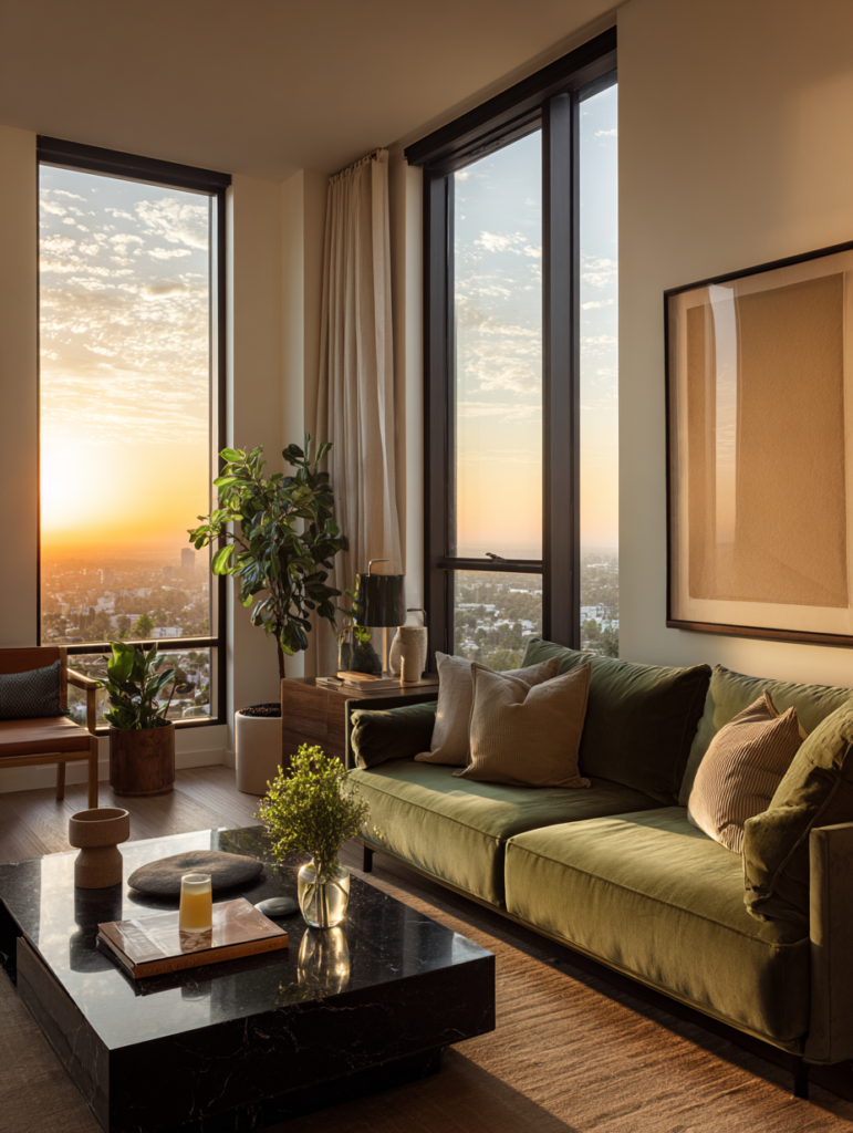 Luxury Airbnb living room in West Hollywood with modern olive green sofa, sunset city view, and upscale furnished apartment interior