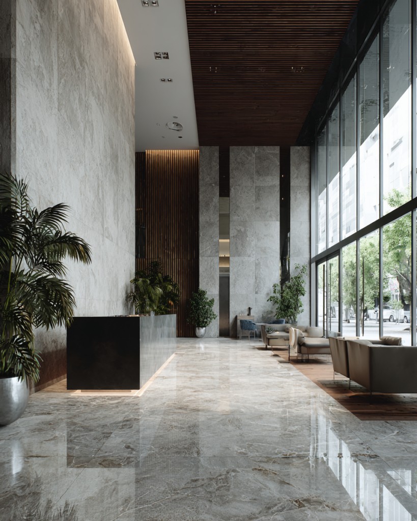 Professional janitorial services for a modern commercial building lobby in Los Angeles